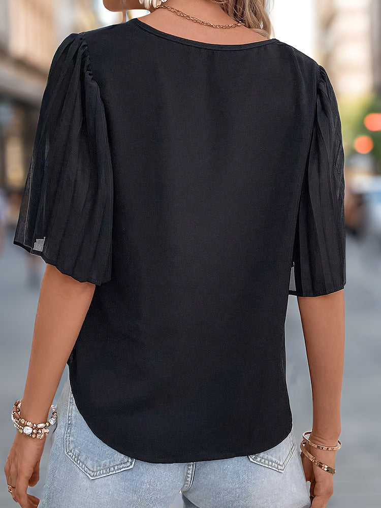 Black V Neck Flared Sleeve Georgette Top