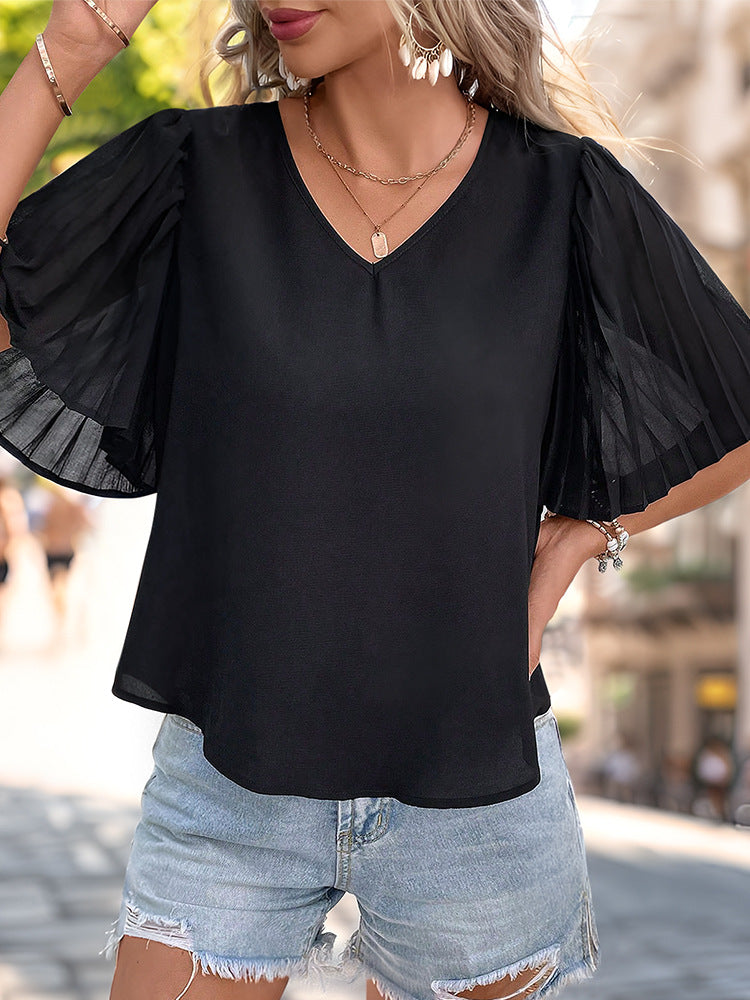 Black V Neck Flared Sleeve Georgette Top