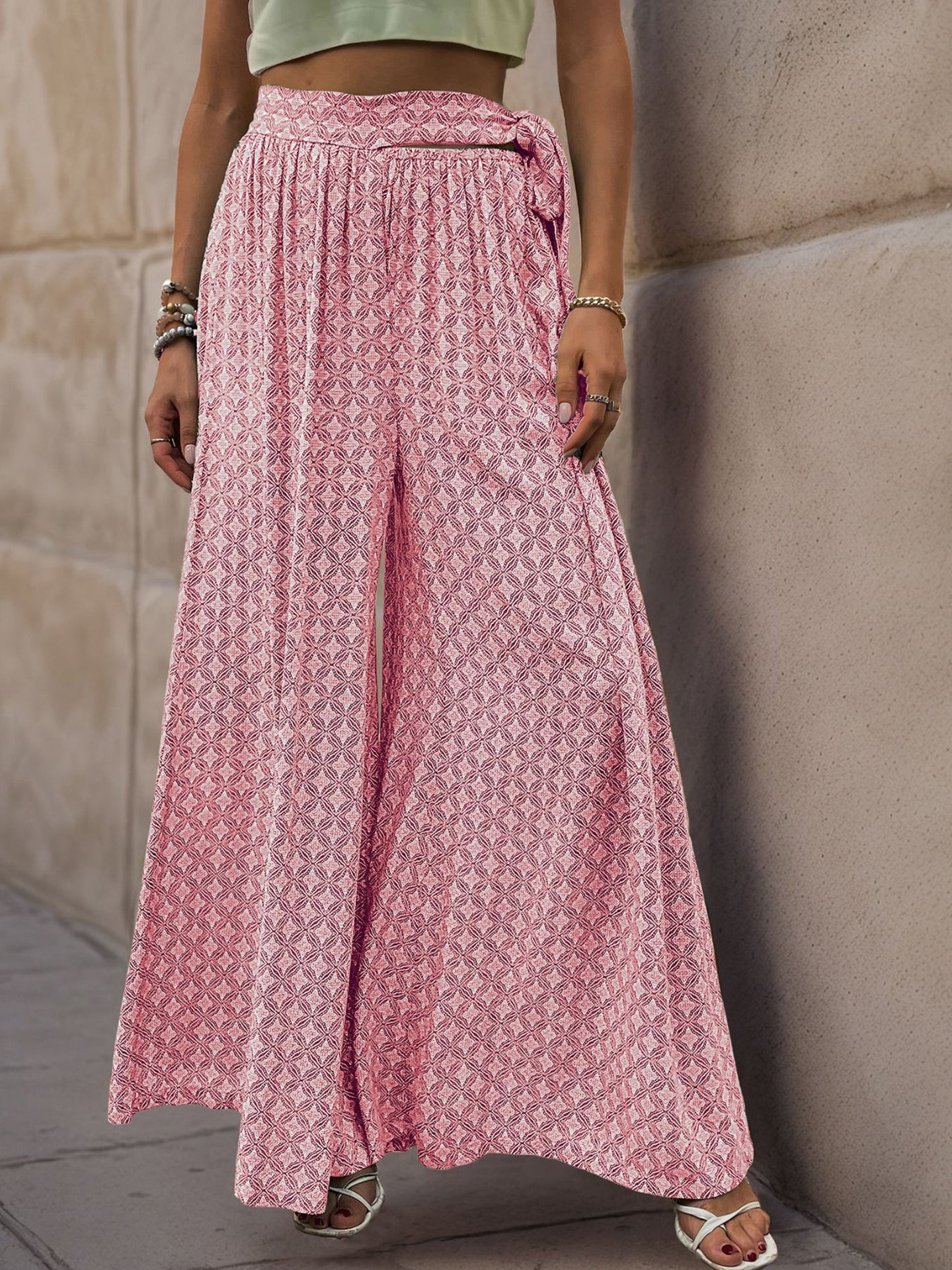 Women Ethnic Motifs Printed Flared High-Rise Easy Wash Pleated Trousers