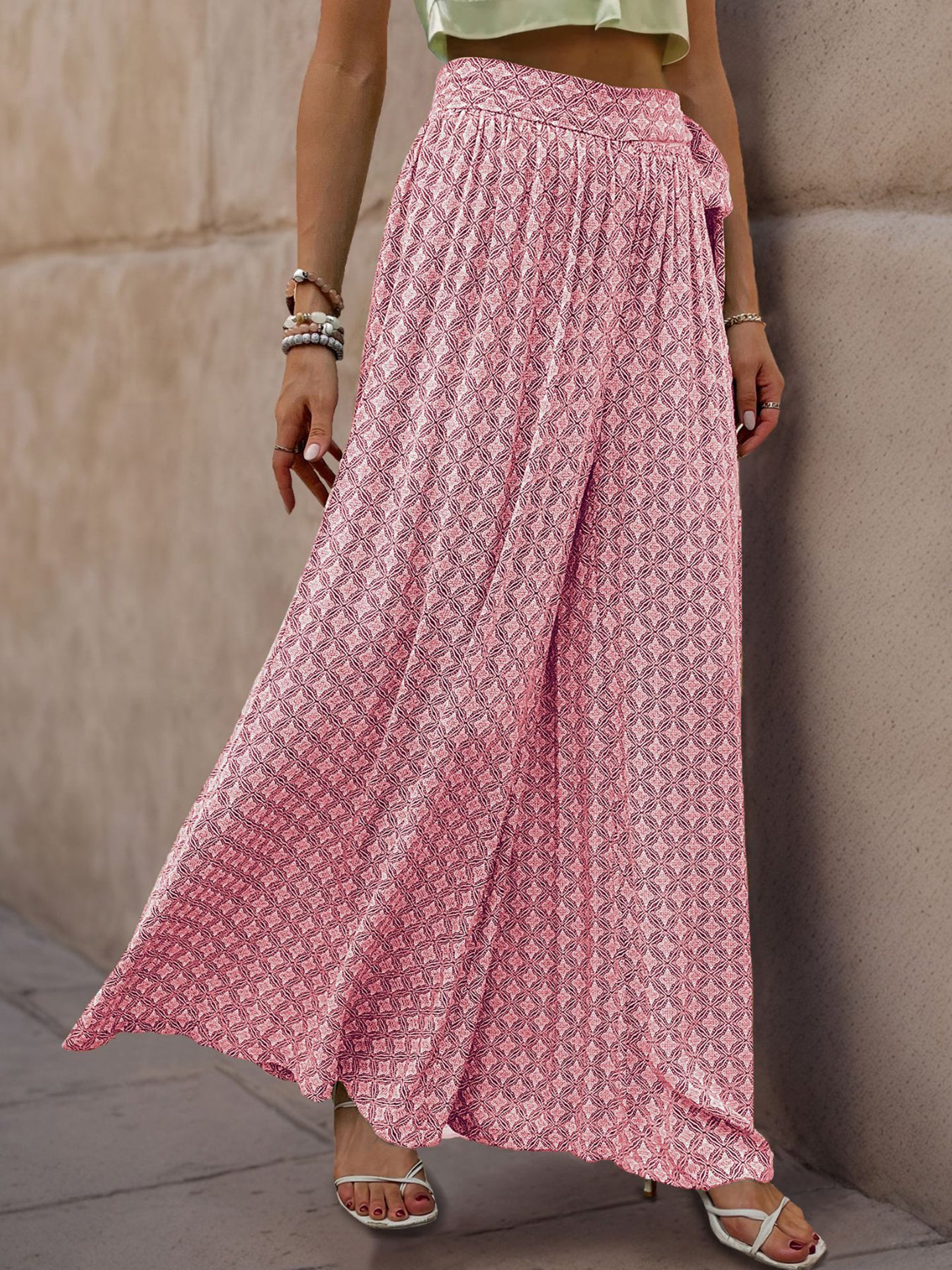 Women Ethnic Motifs Printed Flared High-Rise Easy Wash Pleated Trousers