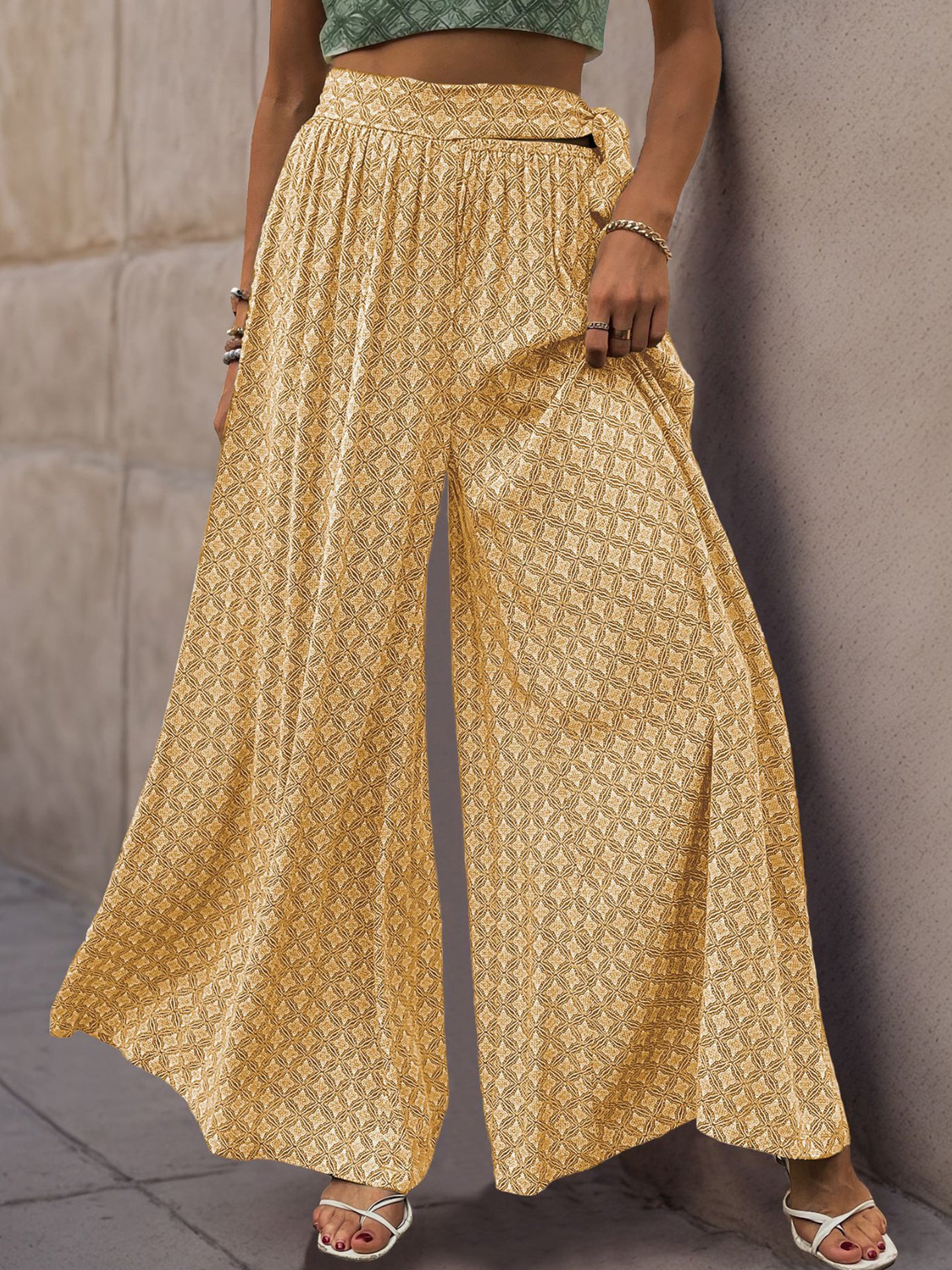 Women Ethnic Motifs Printed Flared High-Rise Easy Wash Pleated Trousers