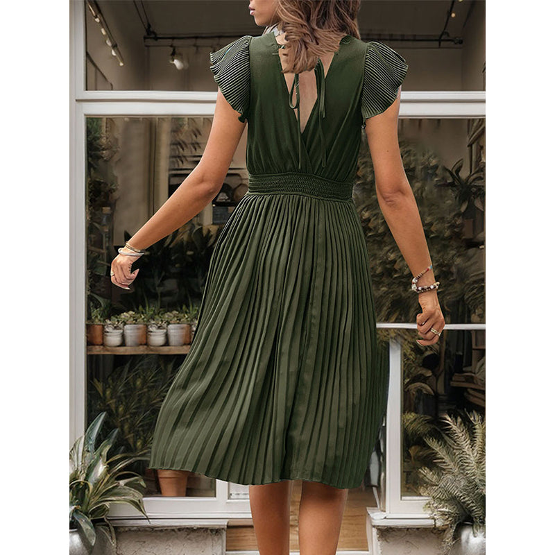 Green V Neck Striped Accordion Pleats Fit & Flare Midi Dress