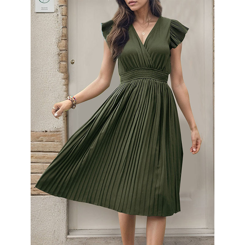 Green V Neck Striped Accordion Pleats Fit & Flare Midi Dress