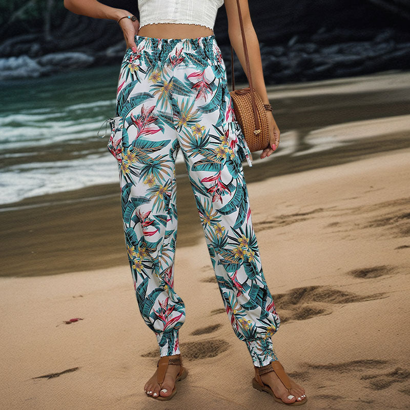 Women White & Green Floral Print High-Rise Easy Wash Joggers Trousers