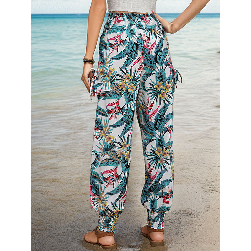 Women White & Green Floral Print High-Rise Easy Wash Joggers Trousers