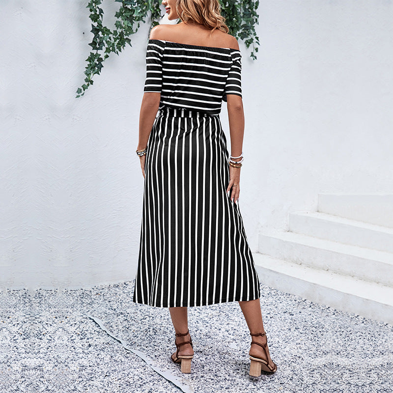 Black Striped Off-Shoulder Wrap Dress