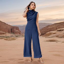 Blue Cowl Neck Sleeveless Basic Jumpsuit