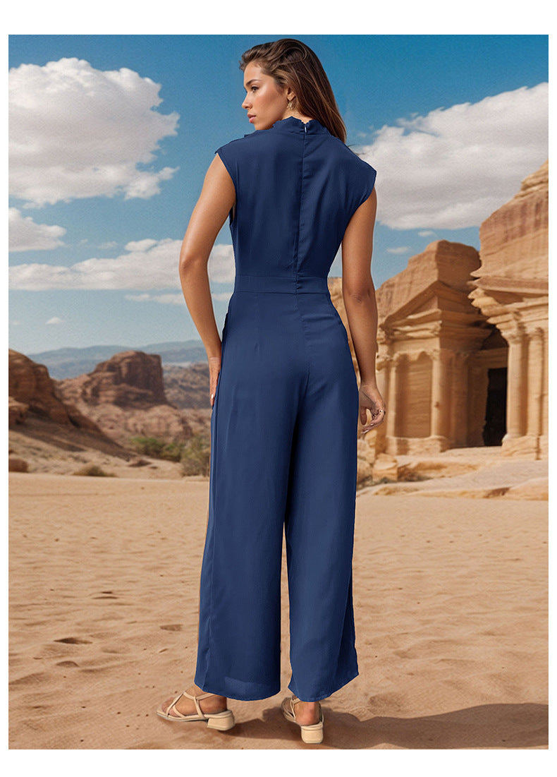Blue Cowl Neck Sleeveless Basic Jumpsuit
