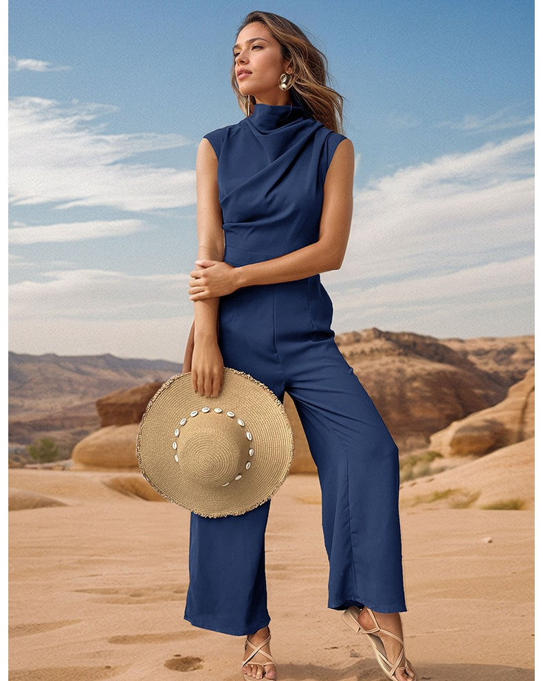 Blue Cowl Neck Sleeveless Basic Jumpsuit