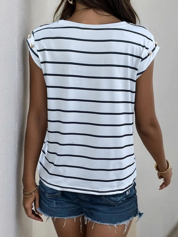 White & Black Striped Round Georgette Top