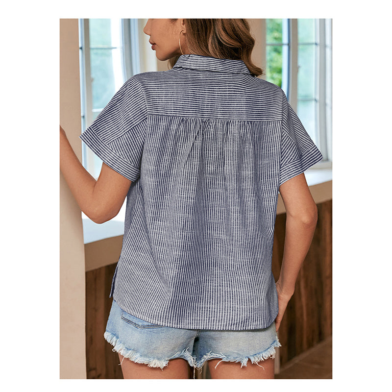 Grey Vertical Striped Shirt Collar Extended Sleeves Gathered Detailed Top