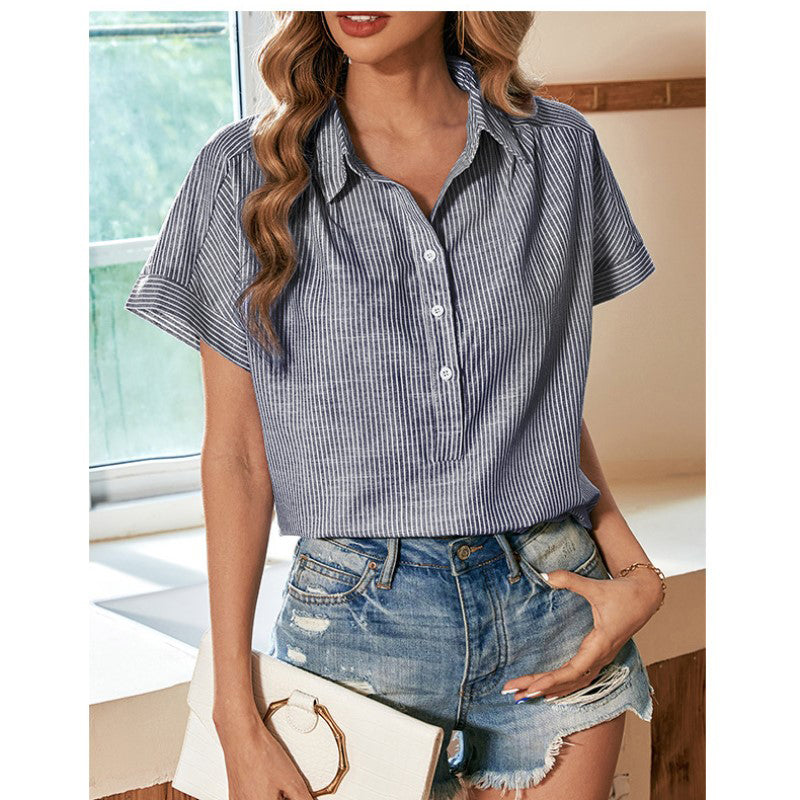 Grey Vertical Striped Shirt Collar Extended Sleeves Gathered Detailed Top