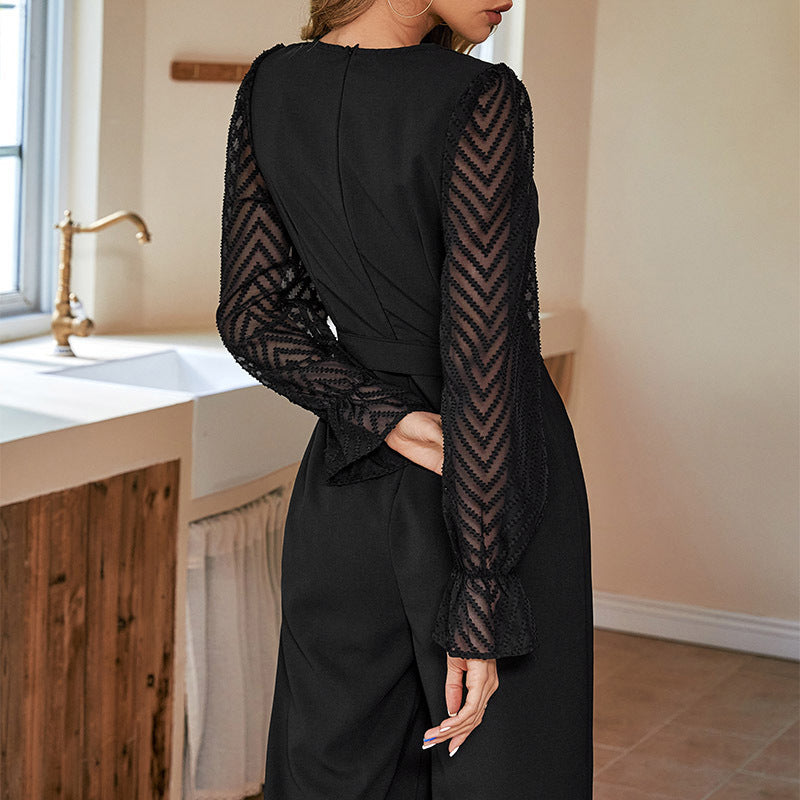 Black V-Neck Waist Tie Up Basic Jumpsuit