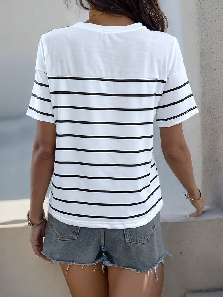 White Horizontal Striped Drop-Shoulder Sleeves T-Shirt
