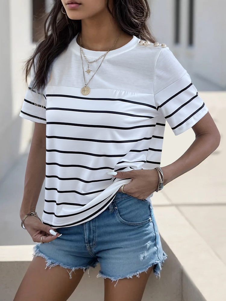 White Horizontal Striped Drop-Shoulder Sleeves T-Shirt