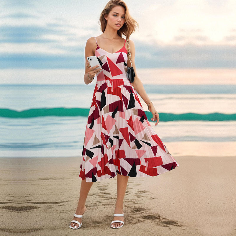 Women Shoulder Straps Geometric Print Fit and Flare Midi Dress