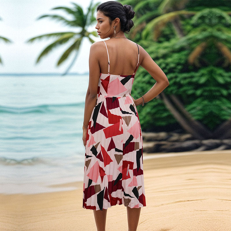 Women Shoulder Straps Geometric Print Fit and Flare Midi Dress