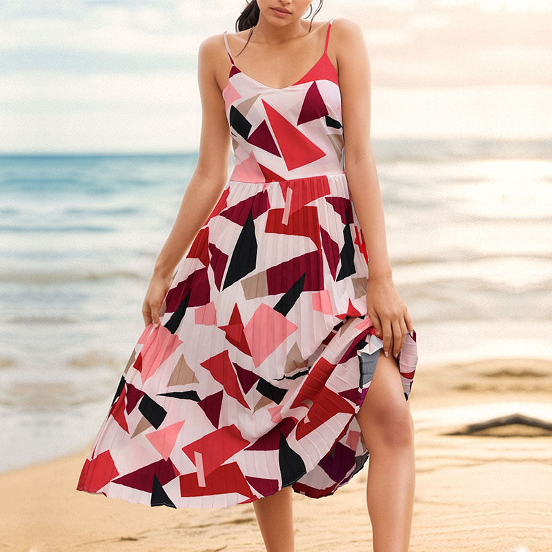 Women Shoulder Straps Geometric Print Fit and Flare Midi Dress