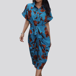 Women Shirt Collar Extended Sleeves Floral Print Side Tape Shirt Dress