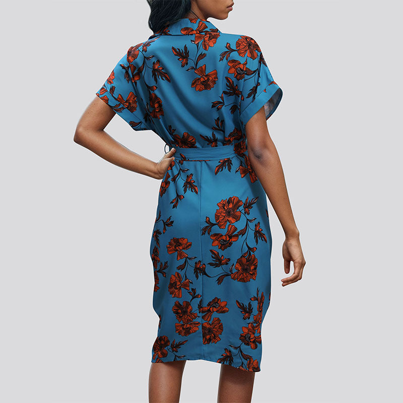 Women Shirt Collar Extended Sleeves Floral Print Side Tape Shirt Dress