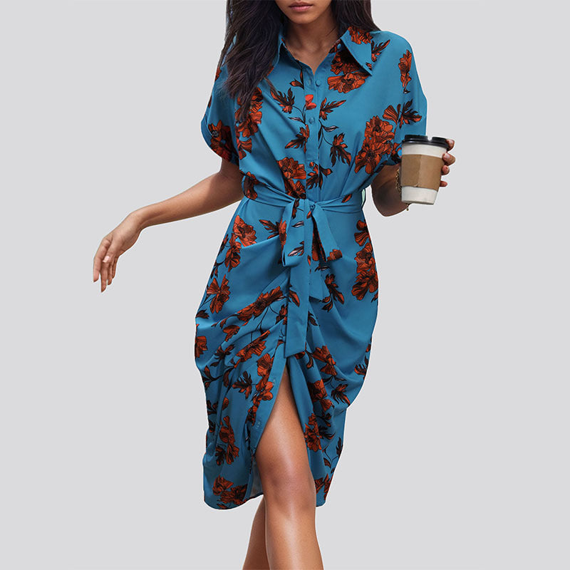Women Shirt Collar Extended Sleeves Floral Print Side Tape Shirt Dress