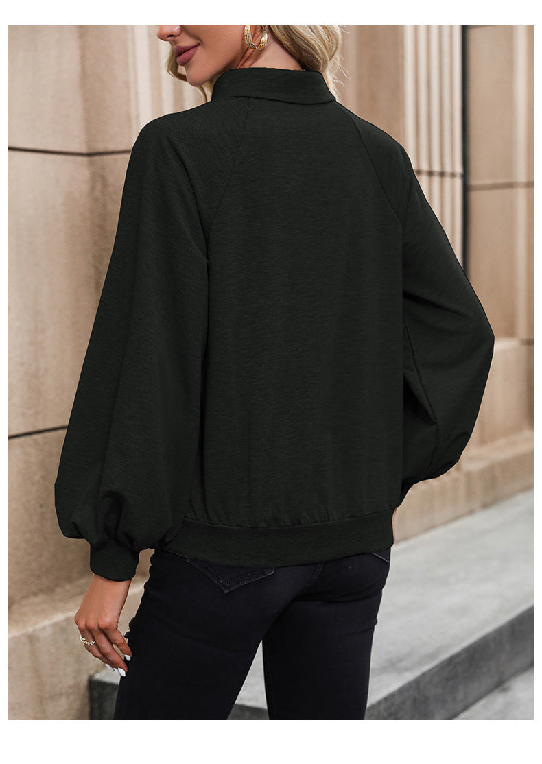 Black Shirt Collar Pullover Sweatshirt