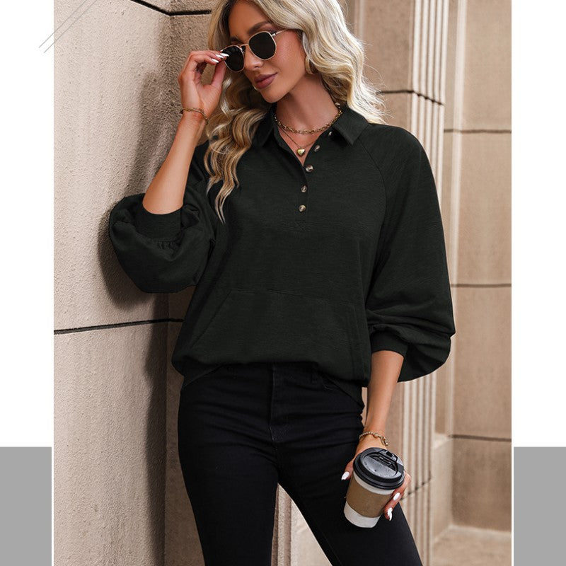 Black Shirt Collar Pullover Sweatshirt