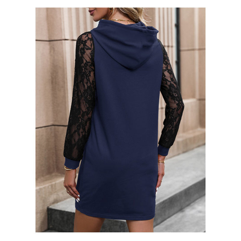 Navy Blue Hooded Long Sleeves Lace Inserts T-shirt Mini Dress