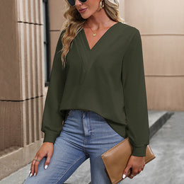 Green V-Neck Puff Sleeve Regular Top