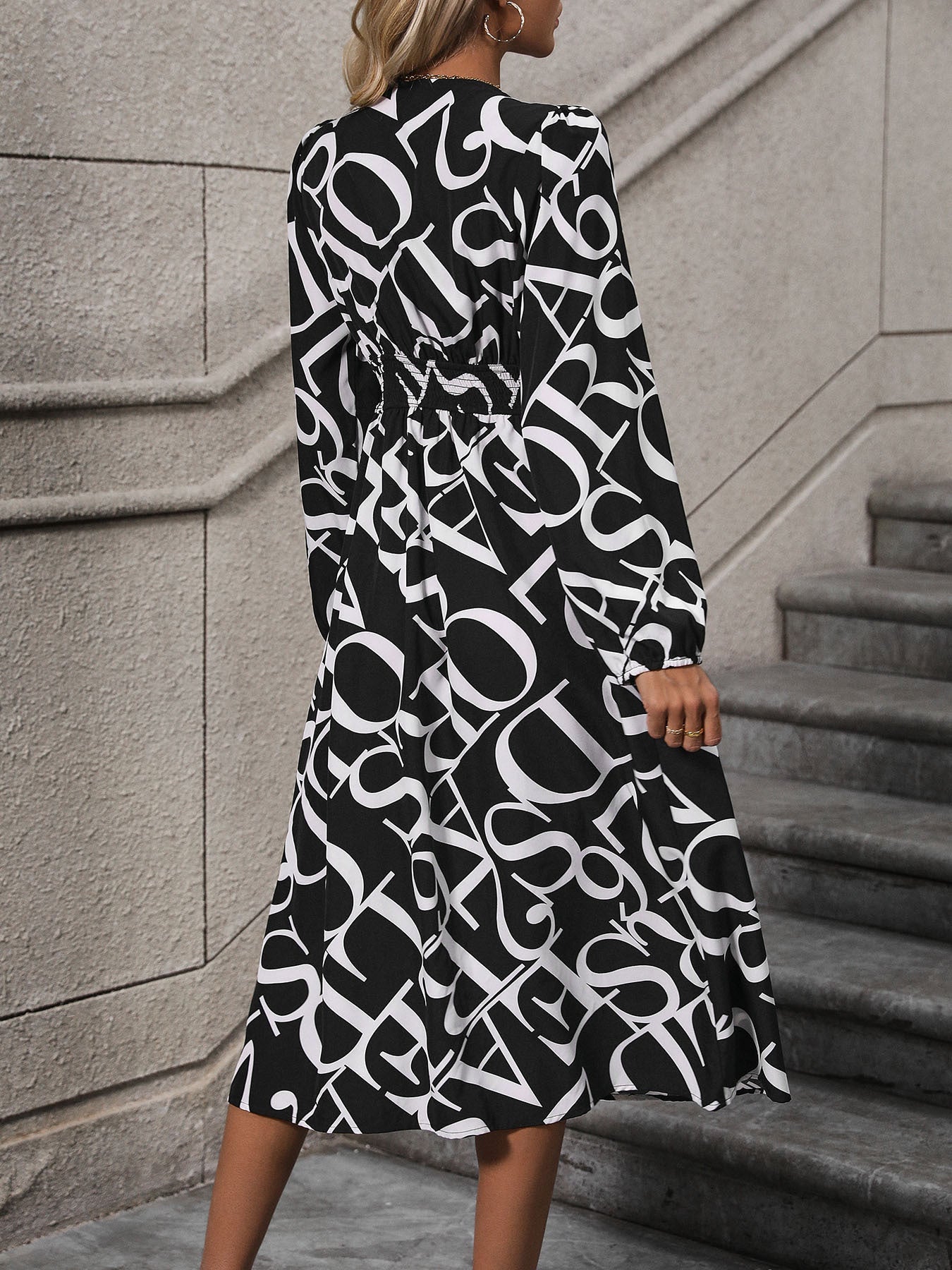 Printed Long Sleeves A-Line Midi Dress