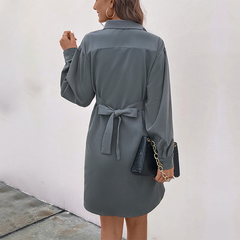 Grey Shirt Collar Pleated Shirt Dress