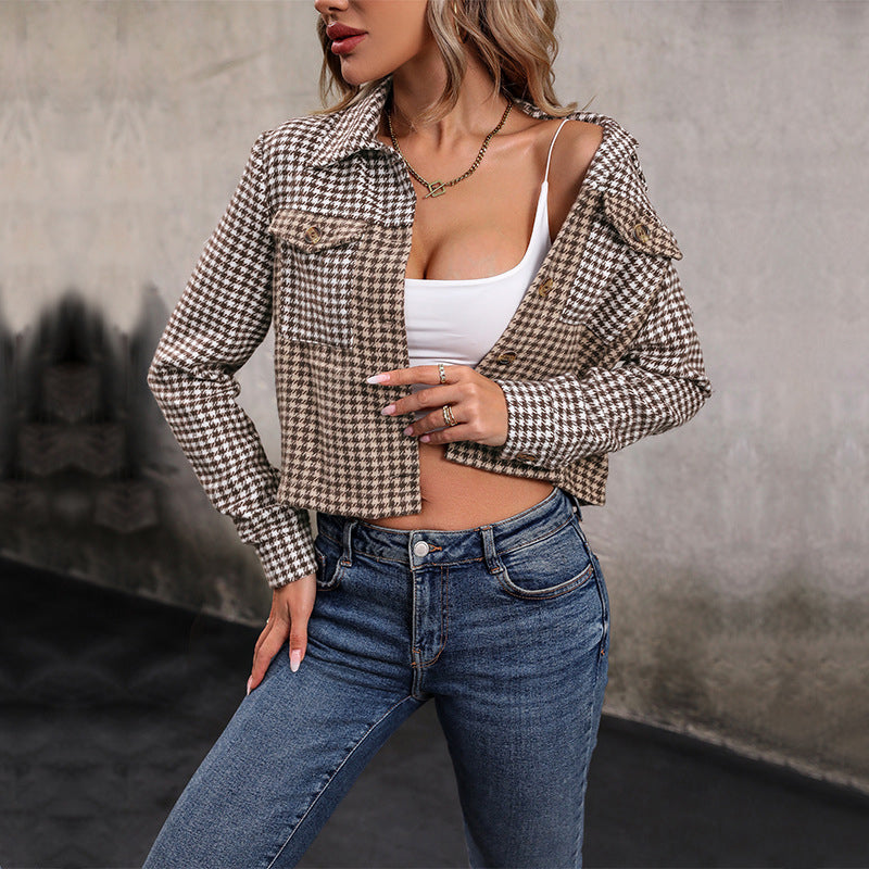 Brown & Black Checked Cropped Tailored Jacket
