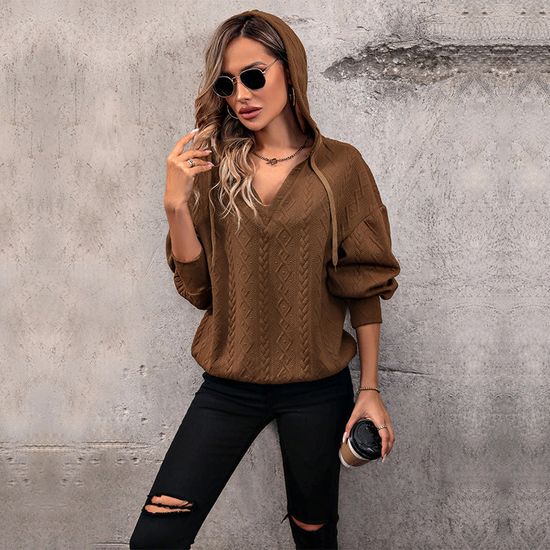 Brown Self Design Hooded Pullover Sweatshirt