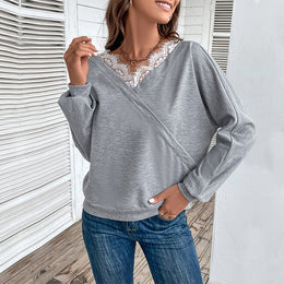 Grey Cuffed Sleeves Lace Insert Boxy Top