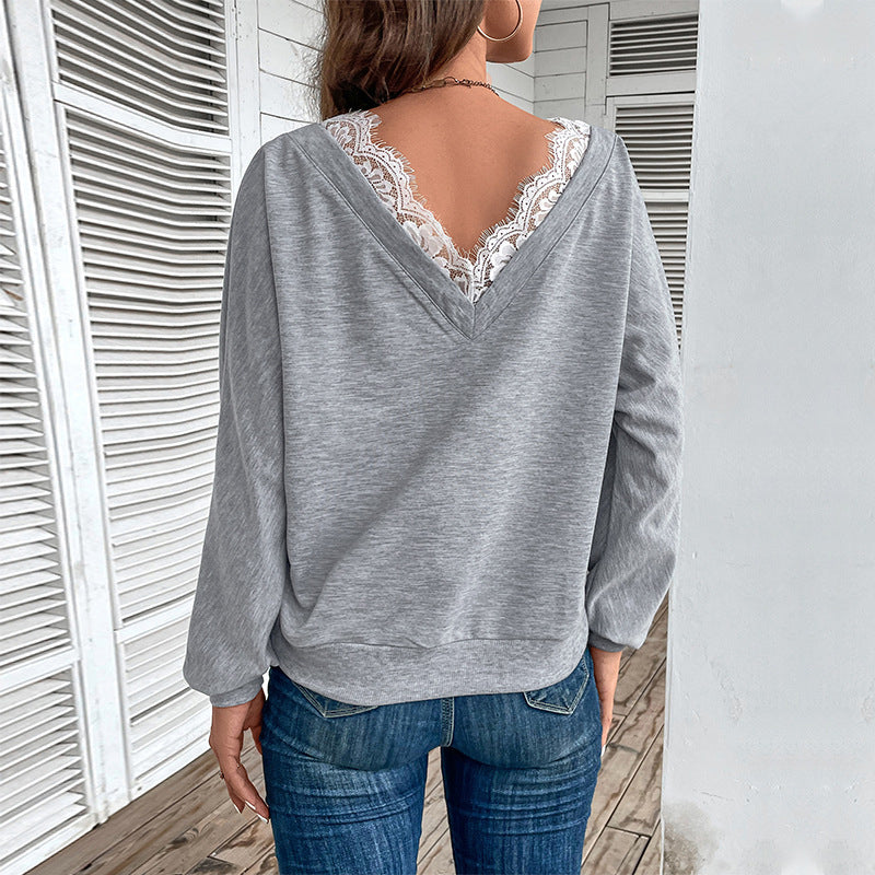 Grey Cuffed Sleeves Lace Insert Boxy Top