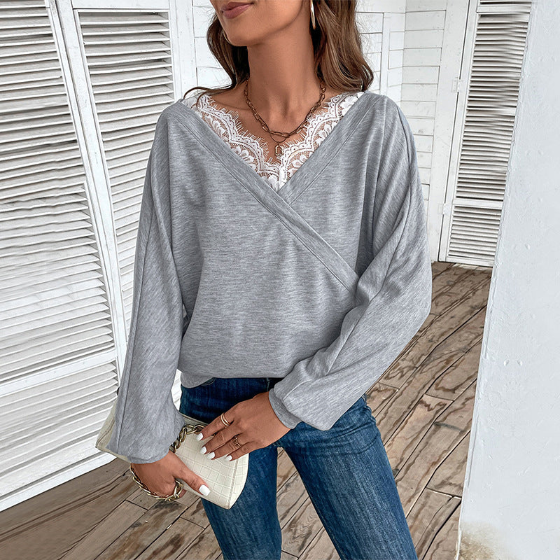 Grey Cuffed Sleeves Lace Insert Boxy Top