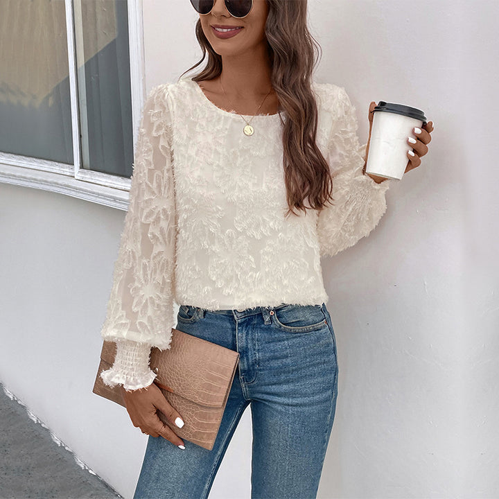 White Self Design Smocked Puff Sleeves Lace Top