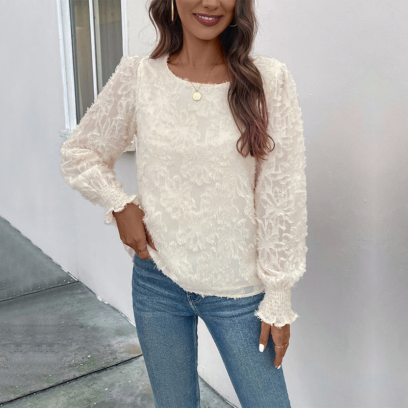 White Self Design Smocked Puff Sleeves Lace Top