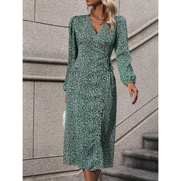 Floral Printed Puff Sleeve Wrap Midi Dress