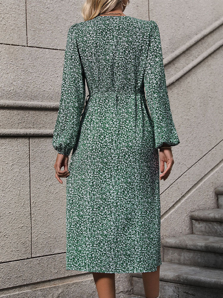 Floral Printed Puff Sleeve Wrap Midi Dress