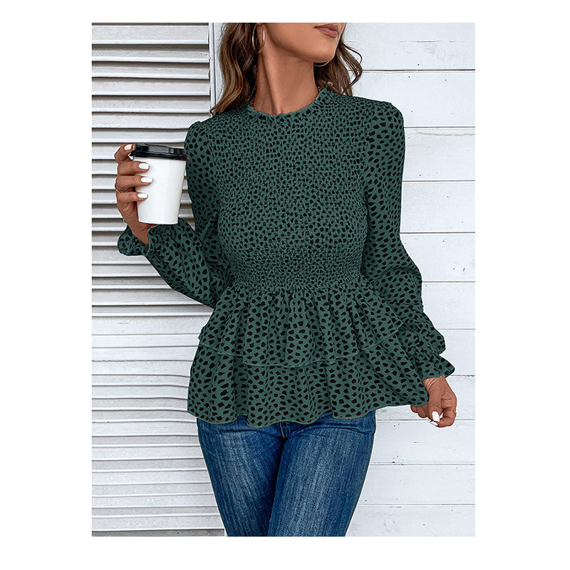Green & Black Animal Printed Smocked Peplum Top