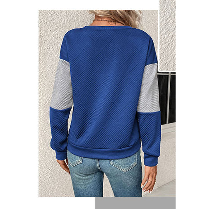 Blue Colourblocked Round Neck Long Sleeves Sweatshirt