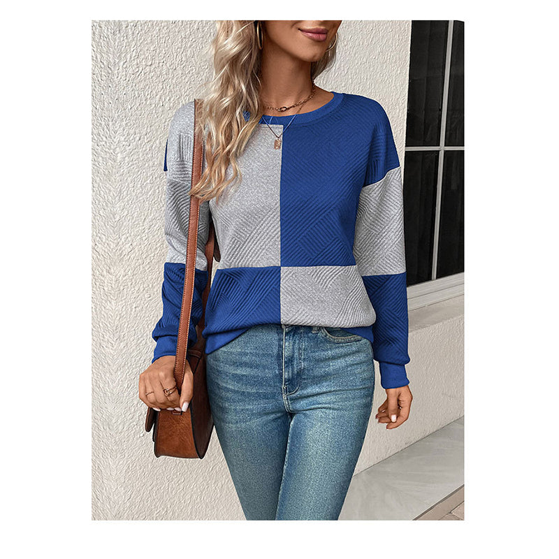 Blue Colourblocked Round Neck Long Sleeves Sweatshirt