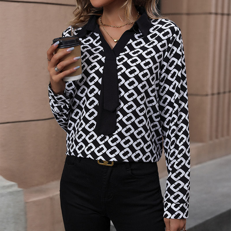Black Geometric Printed Shirt Collar Cuffed Sleeves Top