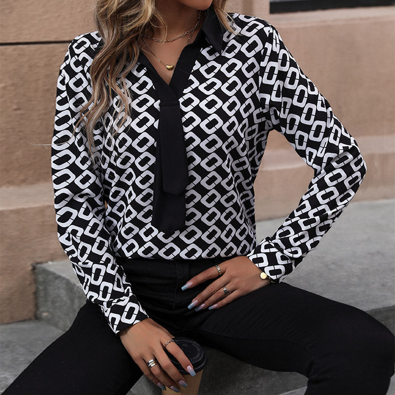 Black Geometric Printed Shirt Collar Cuffed Sleeves Top
