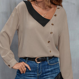 Brown V-Neck Cuff Sleeves Linen Shirt Style Top