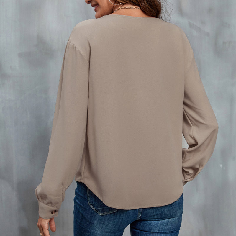 Brown V-Neck Cuff Sleeves Linen Shirt Style Top