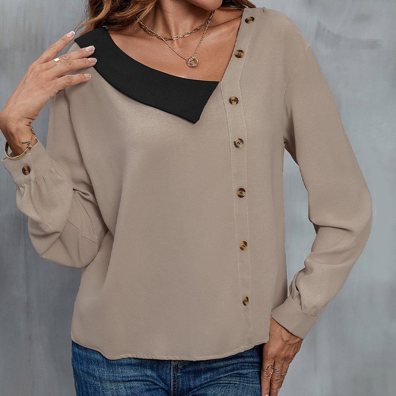 Brown V-Neck Cuff Sleeves Linen Shirt Style Top