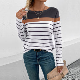 Grey Horizontal Striped Round Neck Top