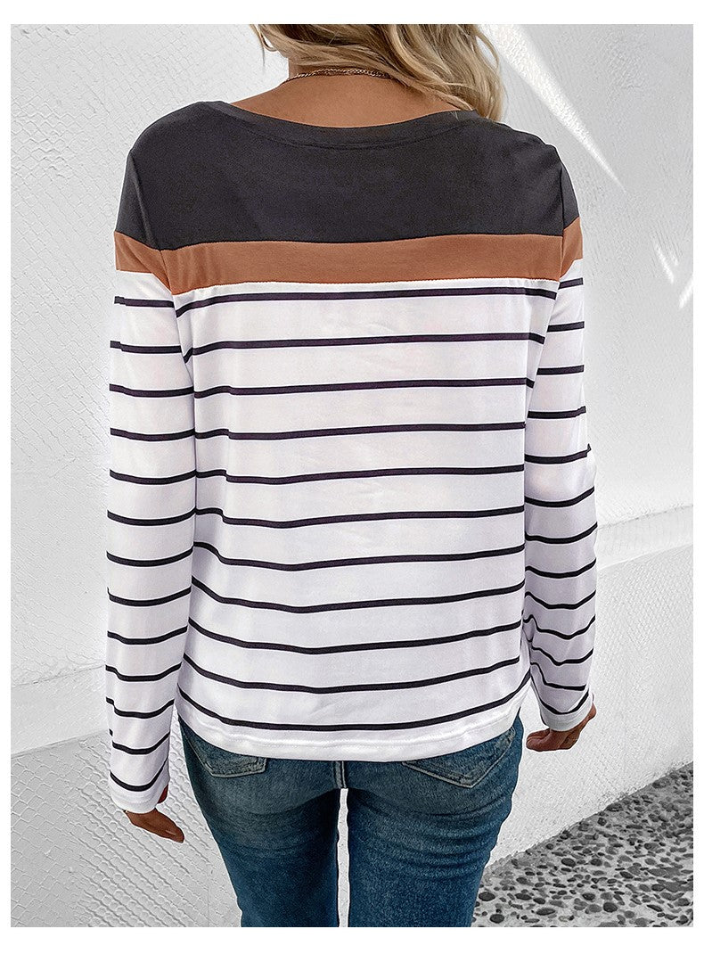 Grey Horizontal Striped Round Neck Top